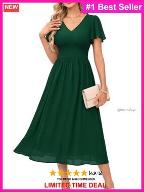 Womens Chiffon Semi Formal Midi Dress V-Neck Ruffle Sleeve A-Line